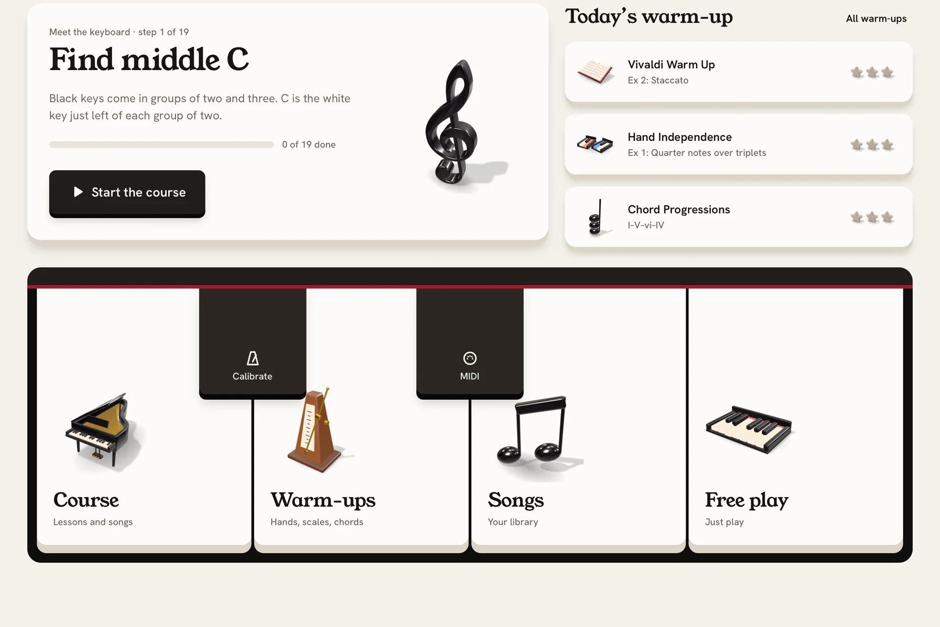 The Pianeroo home screen: the next lesson, today’s warm-up and a keybed of sections