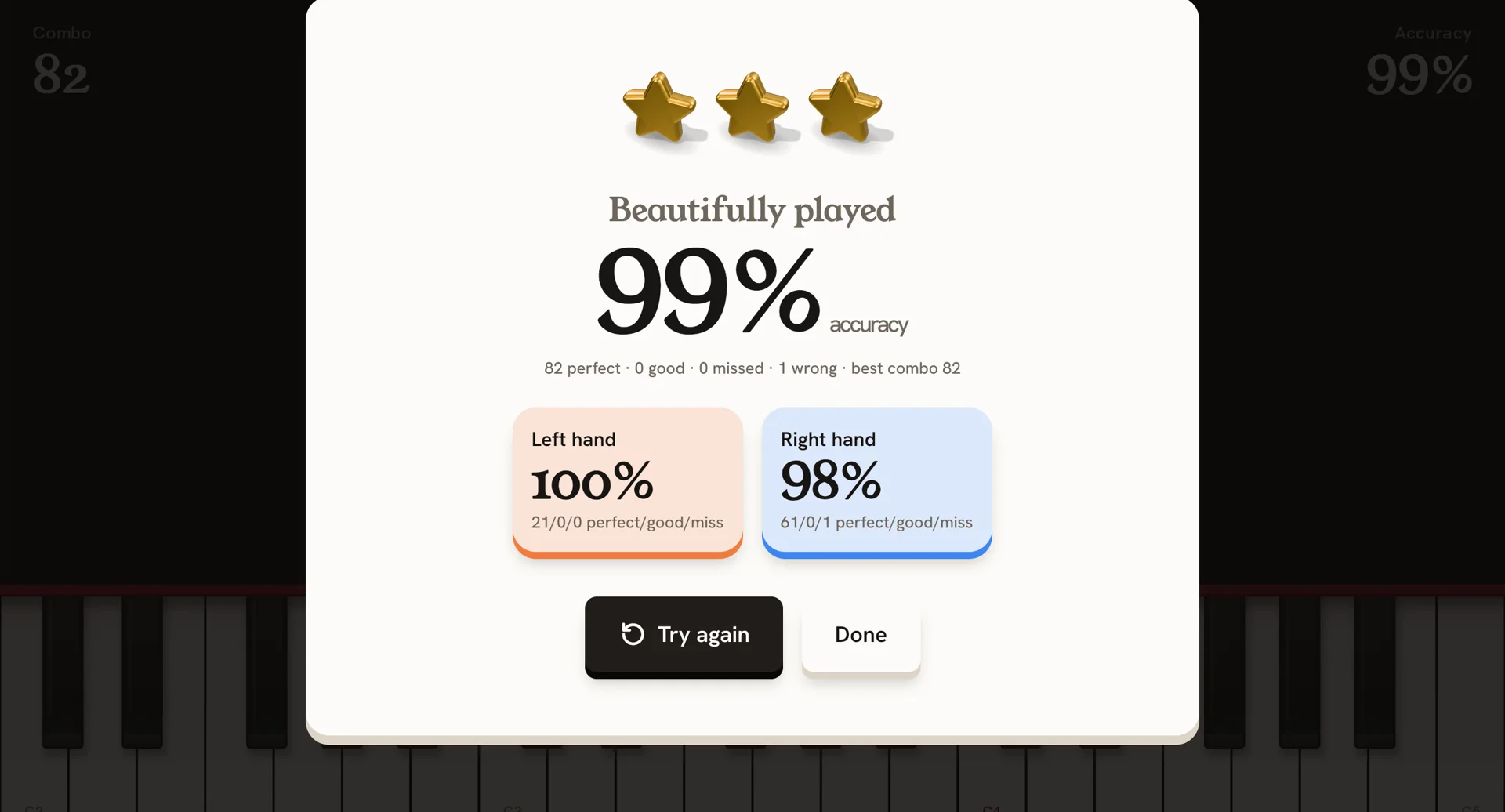 Results for Ode to Joy: three brass stars and 99% accuracy